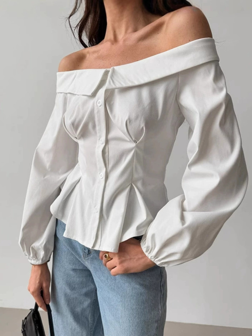Forever 21 Off Shoulder White Fitted Long Sleeve Blouse for Spring Summer